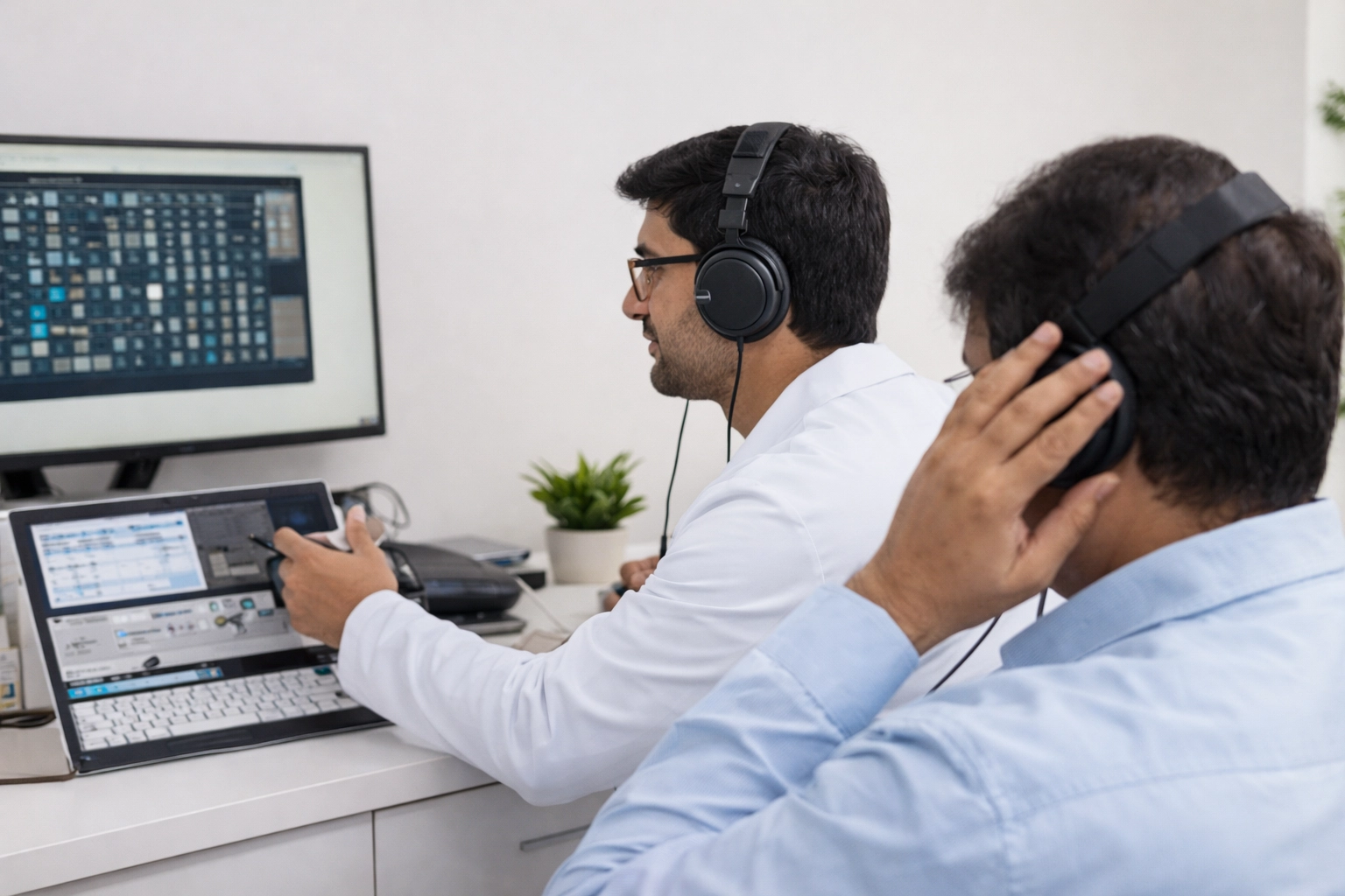 Audiologist testing patient hearing