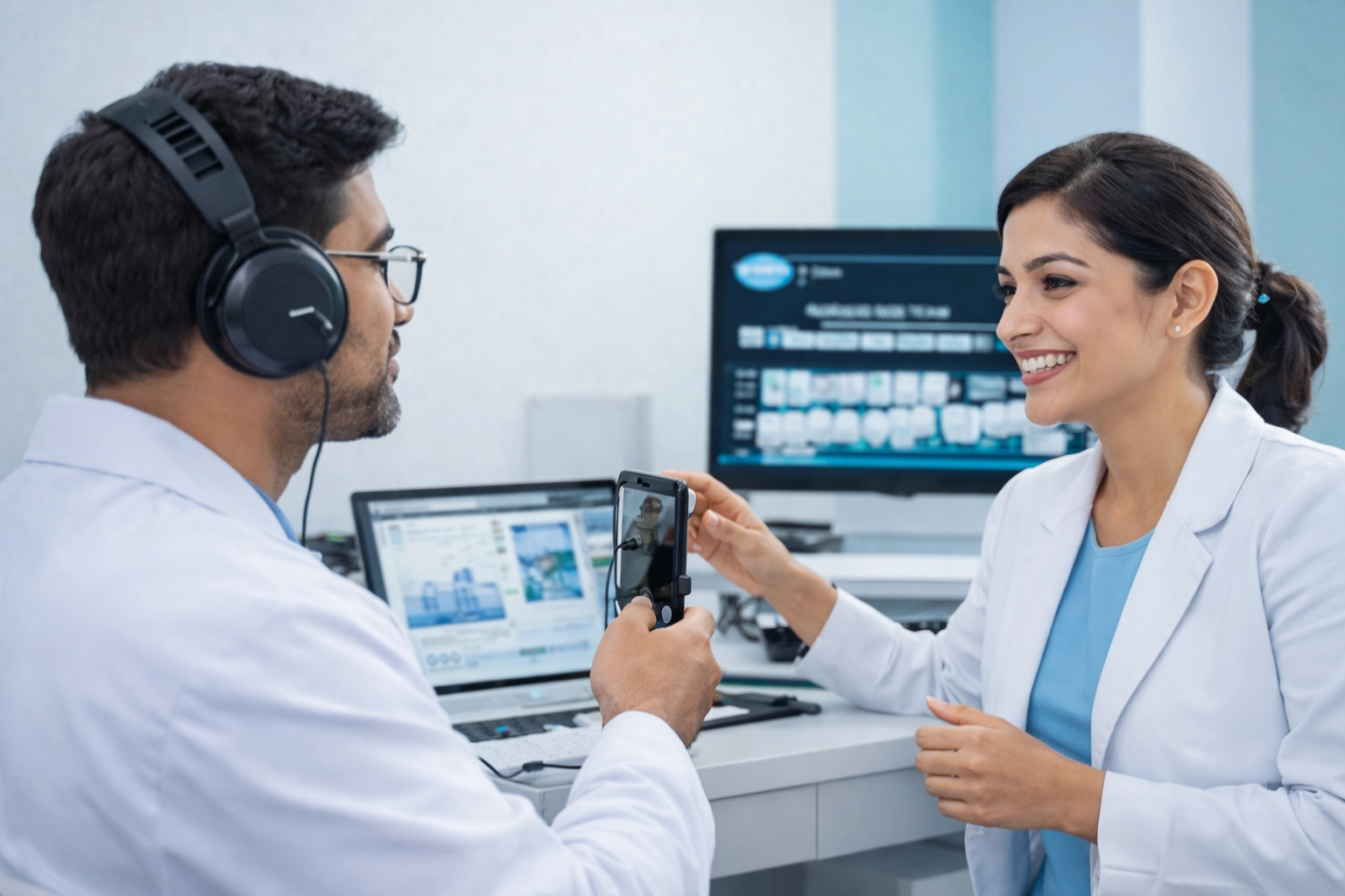 Audiologist showing discrete hearing aid model